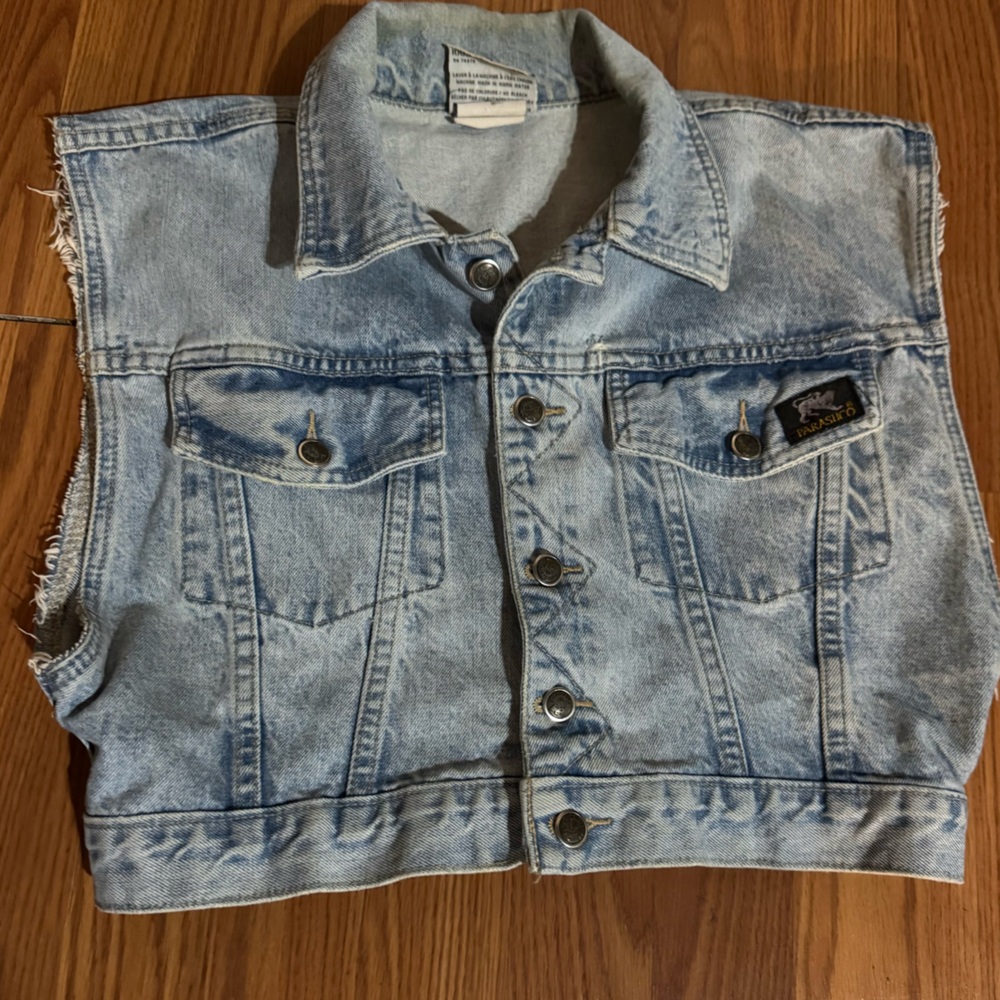 Vintage Parasuco Women’s Light Blue Denim Vest Patch Logo‎ Y2k Biker Grunge 80’s